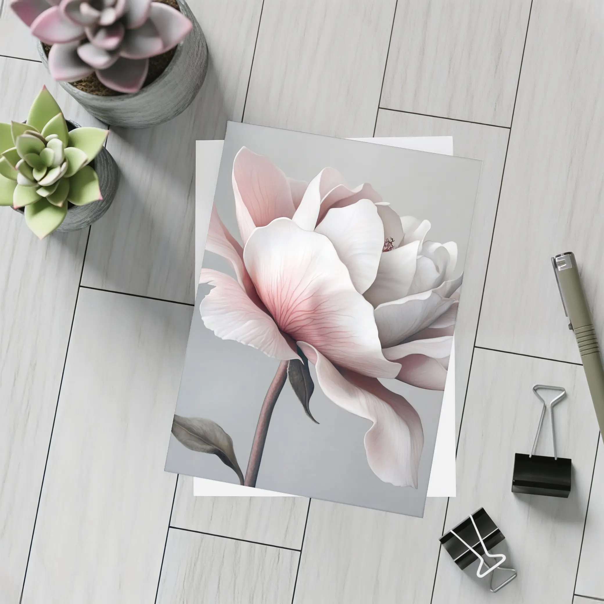 Pink White Rose Flower Gray Background Art – Postcards