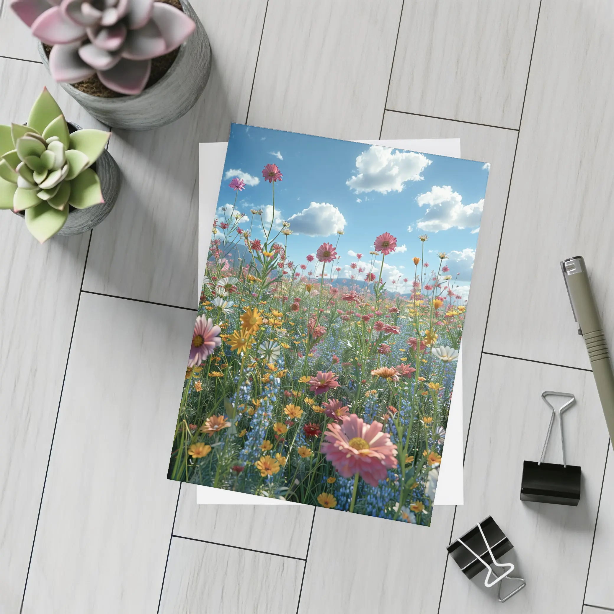 Wildflower Field Blue Sky Sunny Day – Postcards
