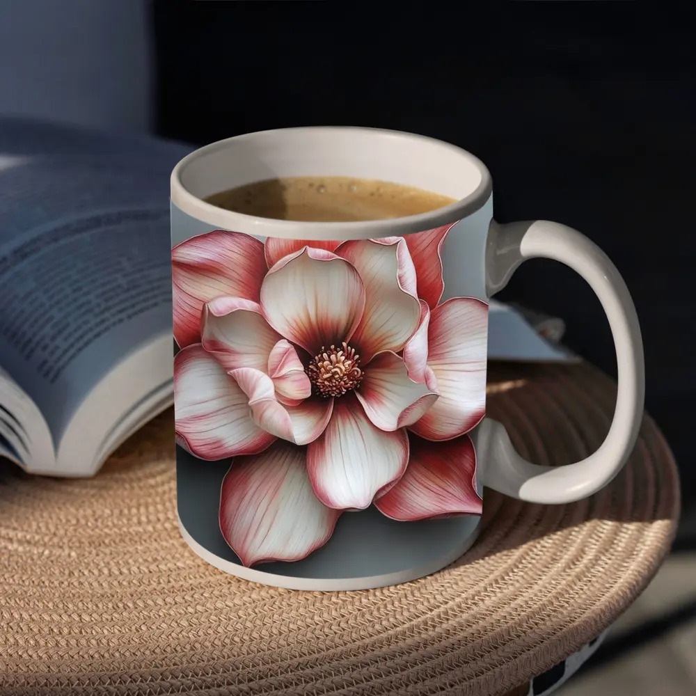 Pink Magnolia Flower Gray Background Art – Mugs