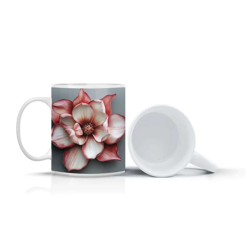 Pink Magnolia Flower Gray Background Art – Mugs