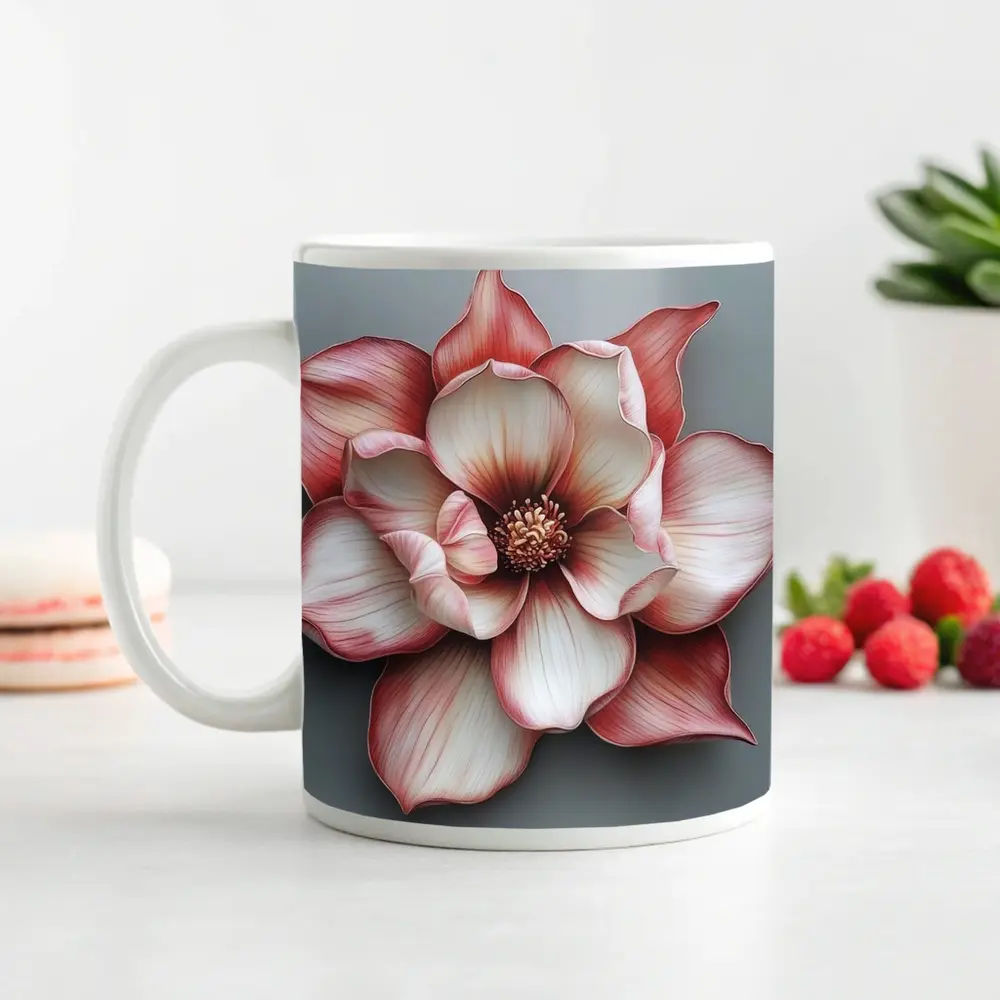 Pink Magnolia Flower Gray Background Art – Mugs