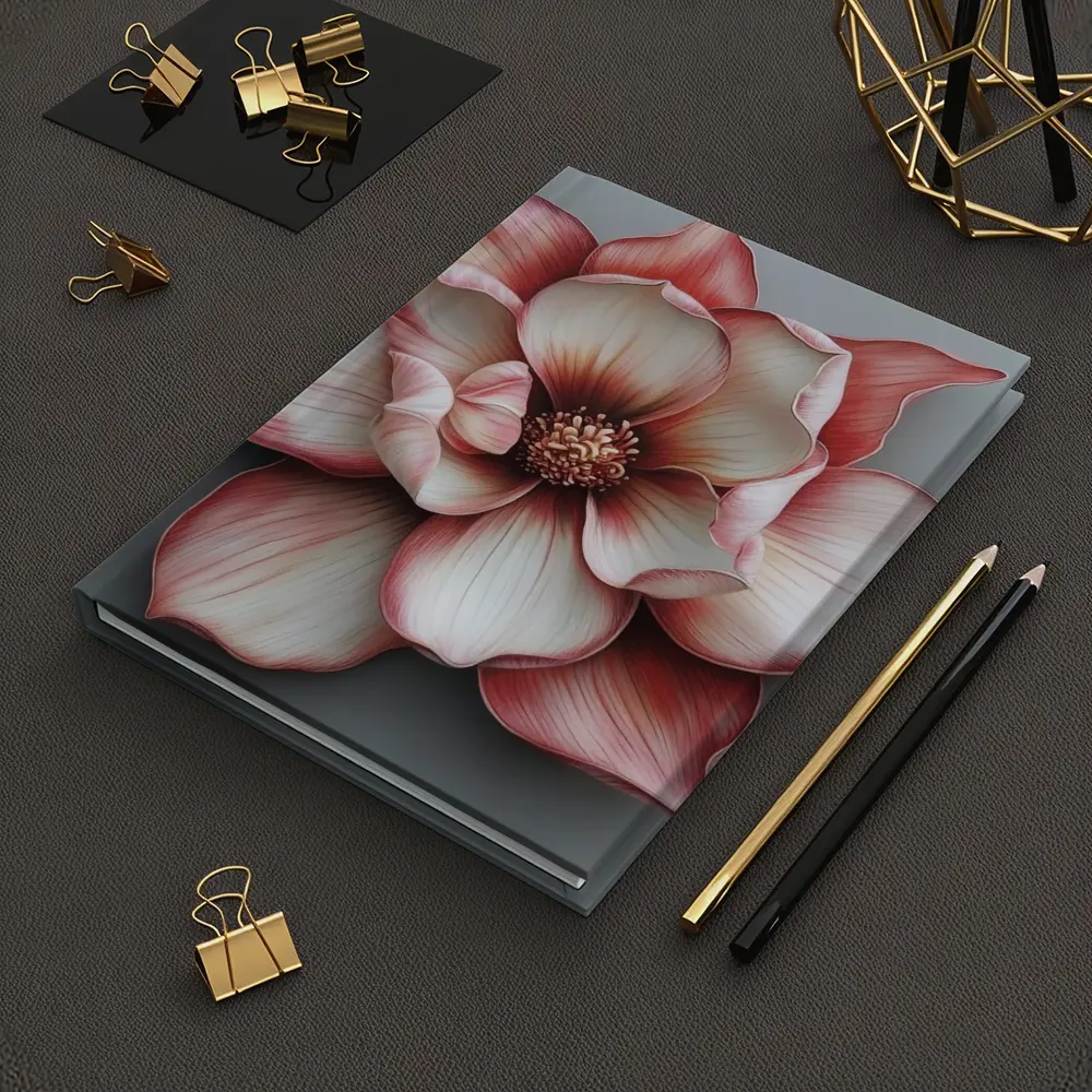 Pink Magnolia Flower Gray Background Art – Notebooks