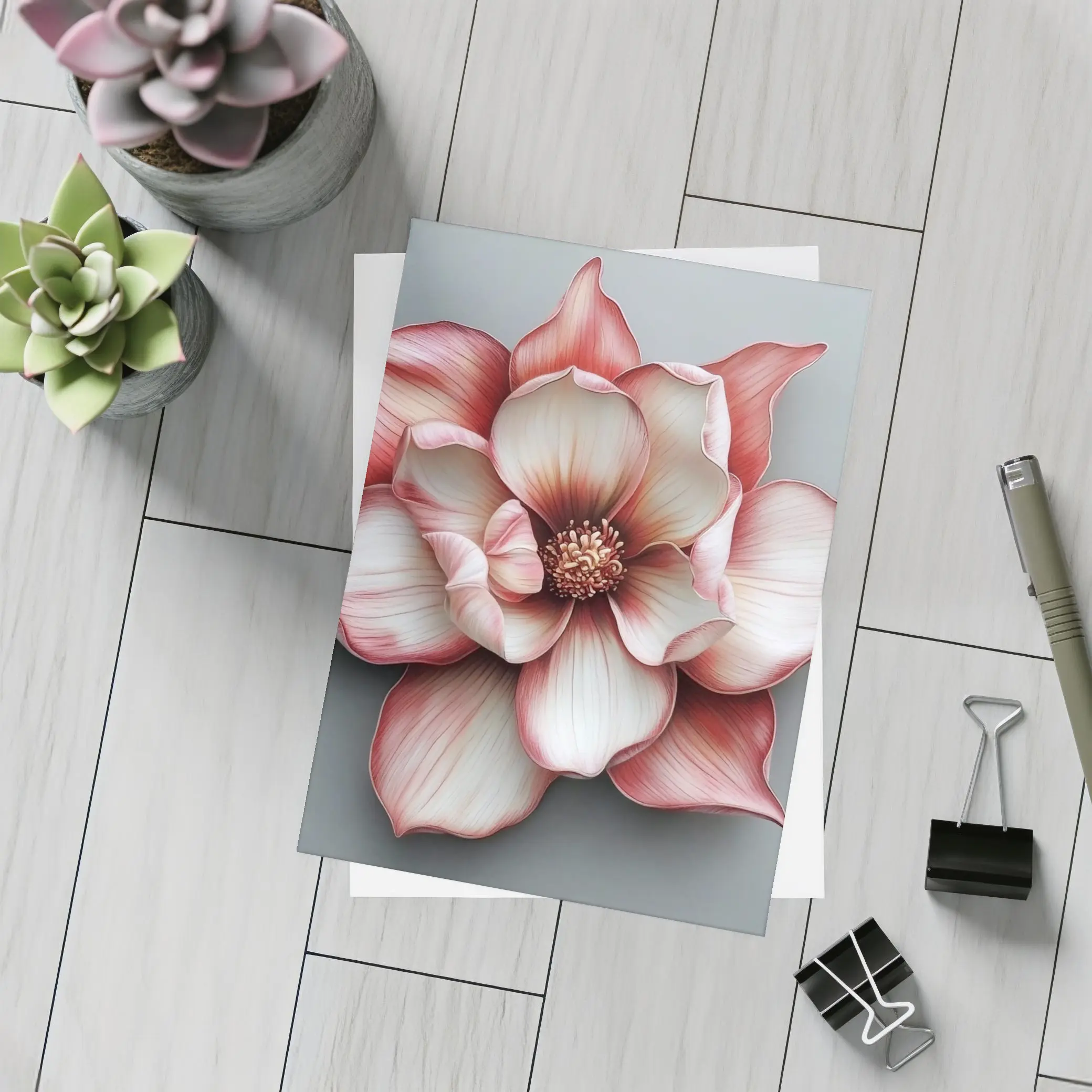 Pink Magnolia Flower Gray Background Art – Postcards
