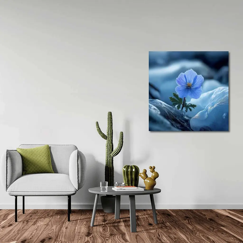 Blue Himalayan Poppy Growing Between Icy Rocks – Wall Art