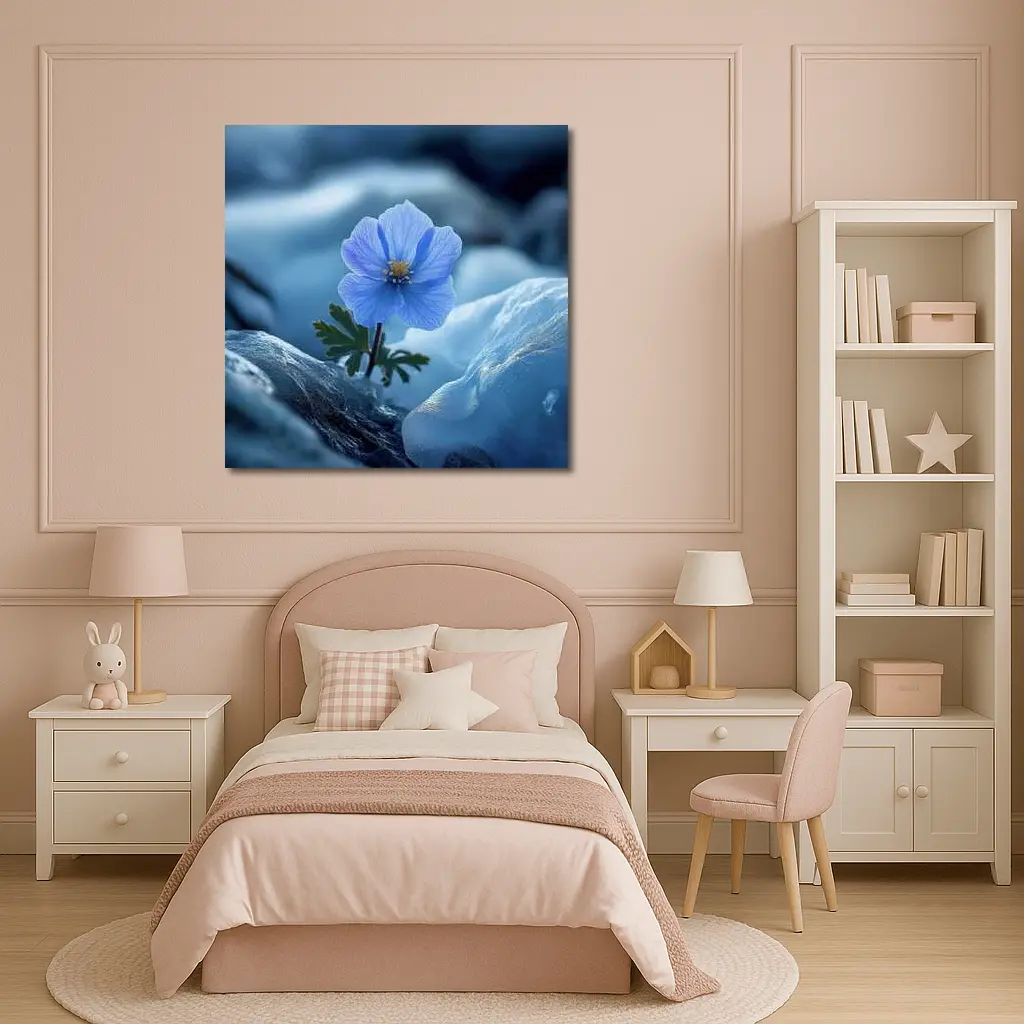 Blue Himalayan Poppy Growing Between Icy Rocks – Wall Art
