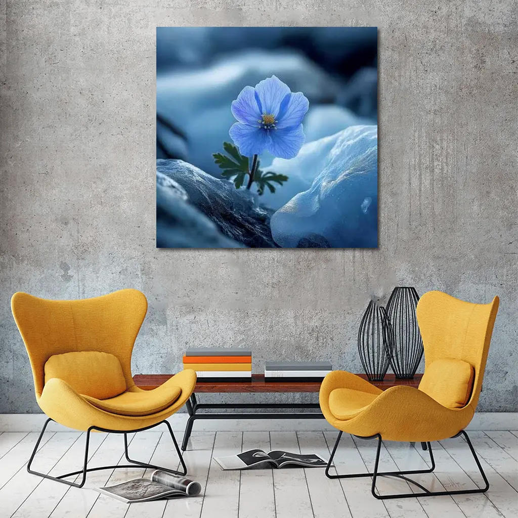 Blue Himalayan Poppy Growing Between Icy Rocks – Wall Art