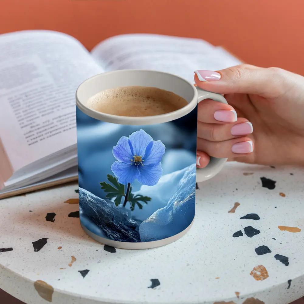 Blue Himalayan Poppy Growing Between Icy Rocks – Mugs