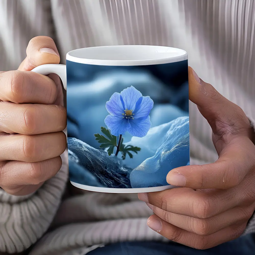 Blue Himalayan Poppy Growing Between Icy Rocks – Mugs