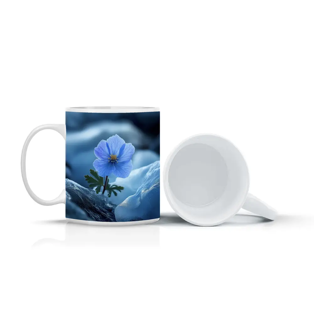 Blue Himalayan Poppy Growing Between Icy Rocks – Mugs
