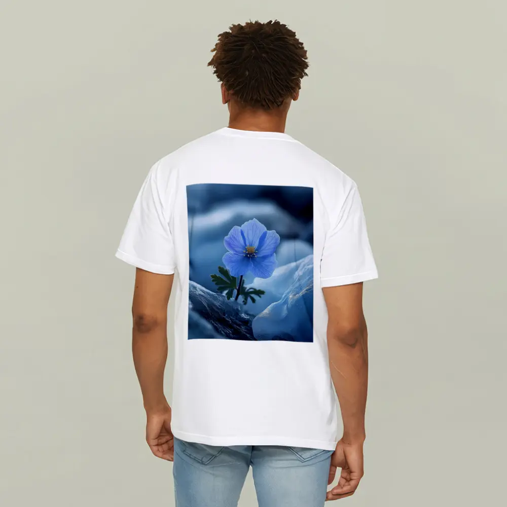Blue Himalayan Poppy Growing Between Icy Rocks – T-Shirts