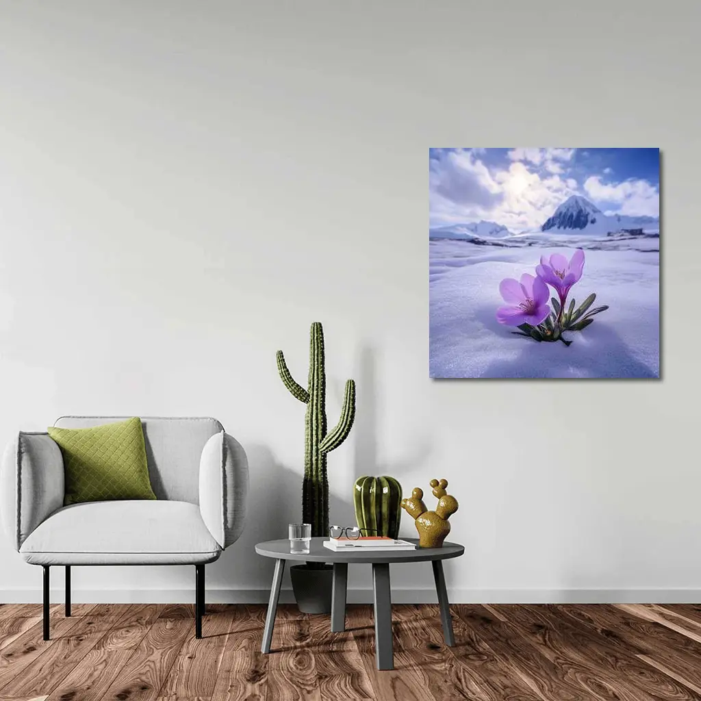 Purple Crocus Flowers Blooming In Snow – Wall Art