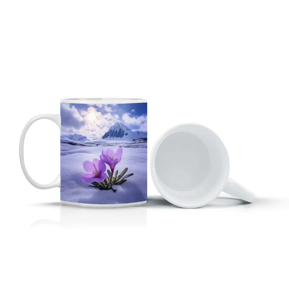 Purple Crocus Flowers Blooming In Snow – Mugs