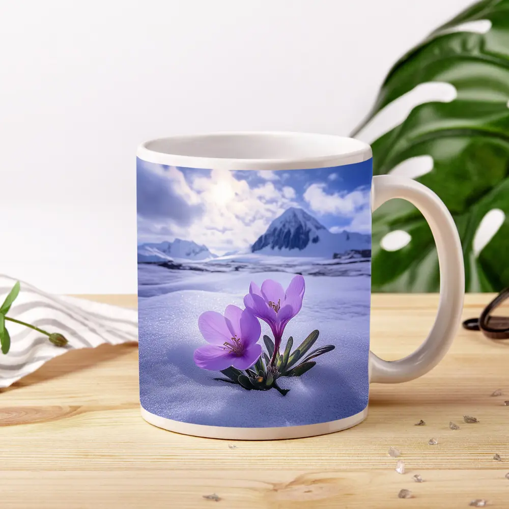 Purple Crocus Flowers Blooming In Snow – Mugs