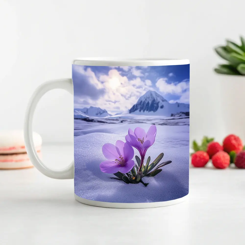 Purple Crocus Flowers Blooming In Snow – Mugs