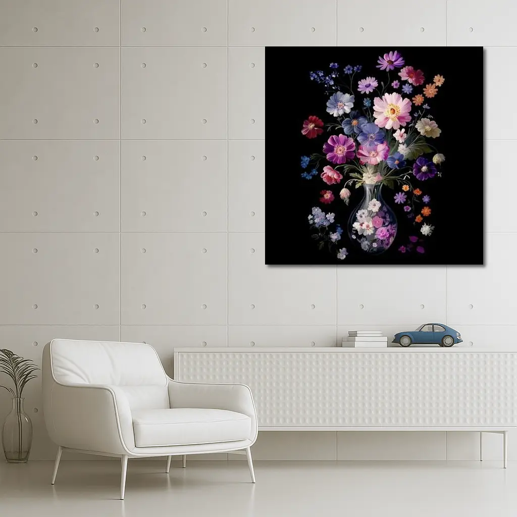 Mixed Flowers Glass Vase Black Background – Wall Art