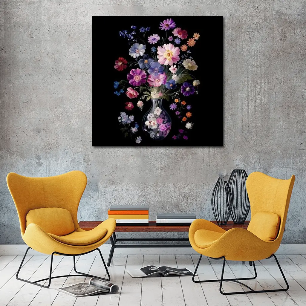 Mixed Flowers Glass Vase Black Background – Wall Art