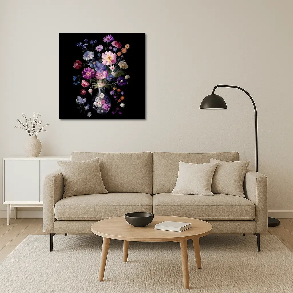 Mixed Flowers Glass Vase Black Background – Wall Art
