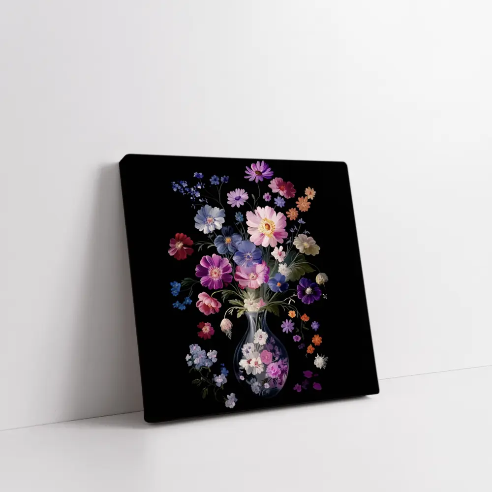 Mixed Flowers Glass Vase Black Background – Wall Art