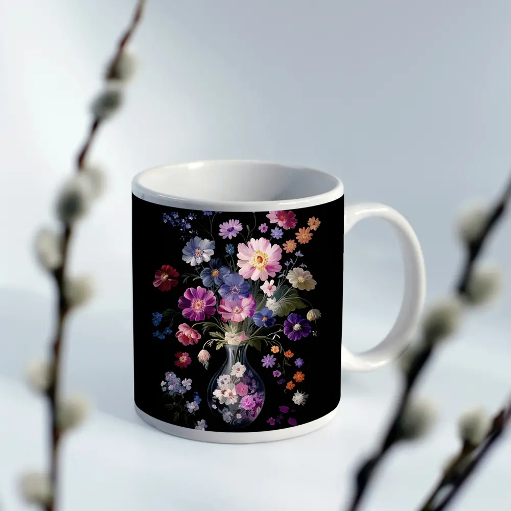 Mixed Flowers Glass Vase Black Background – Mugs