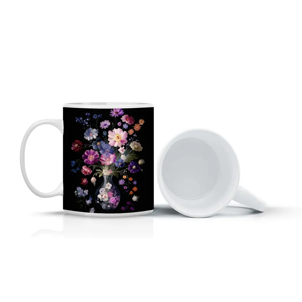 Mixed Flowers Glass Vase Black Background – Mugs