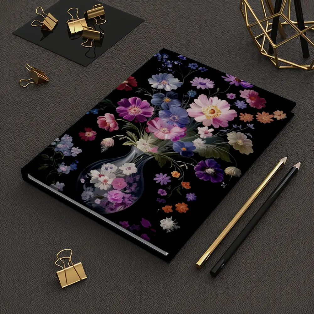 Mixed Flowers Glass Vase Black Background – Notebooks