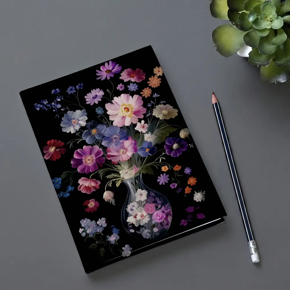 Mixed Flowers Glass Vase Black Background – Notebooks
