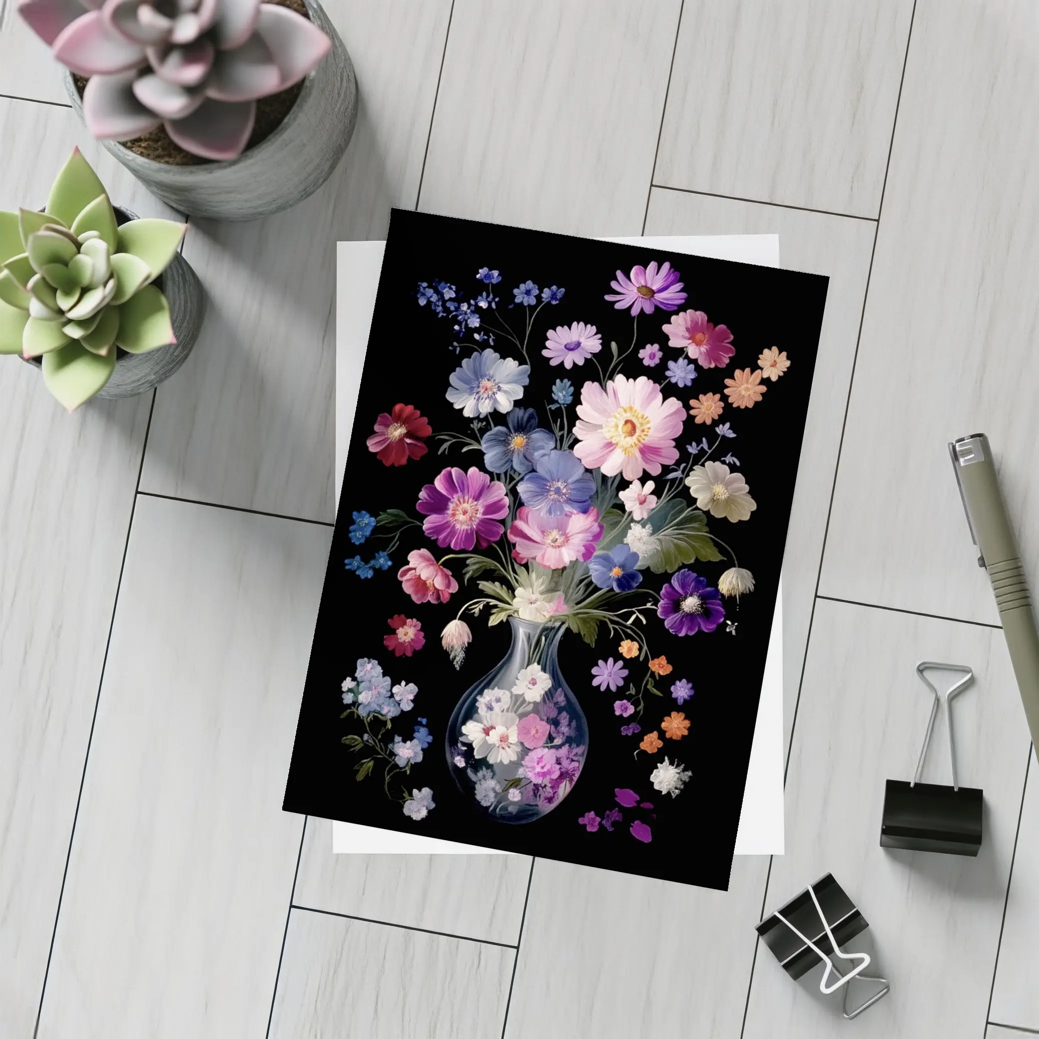 Mixed Flowers Glass Vase Black Background – Postcards