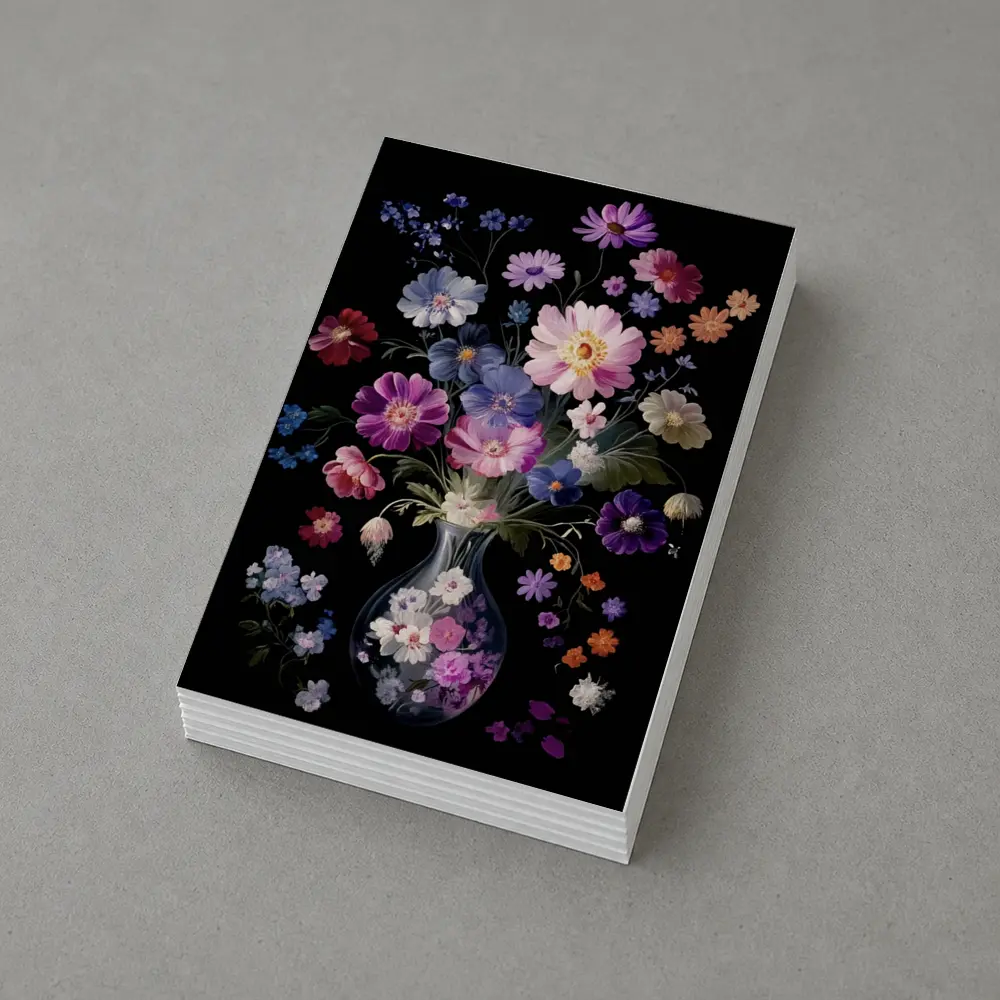 Mixed Flowers Glass Vase Black Background – Postcards