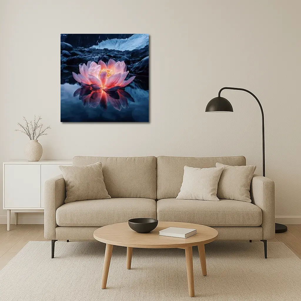 Glowing Lotus Flower on Dark Mountain Lake – Wall Art