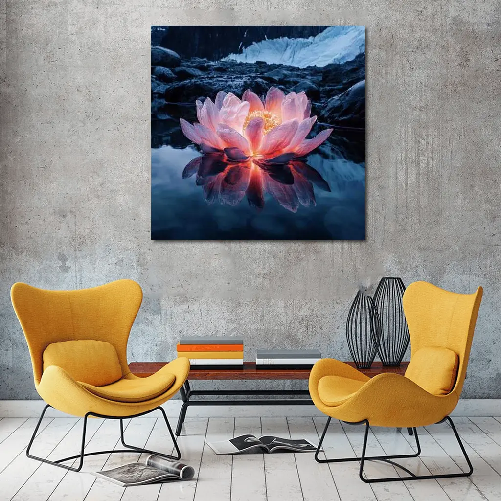 Glowing Lotus Flower on Dark Mountain Lake – Wall Art