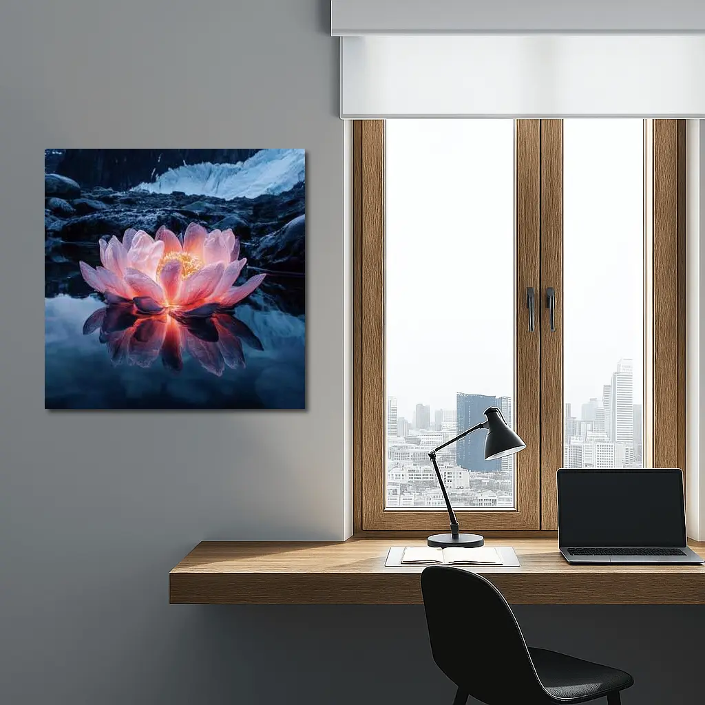 Glowing Lotus Flower on Dark Mountain Lake – Wall Art