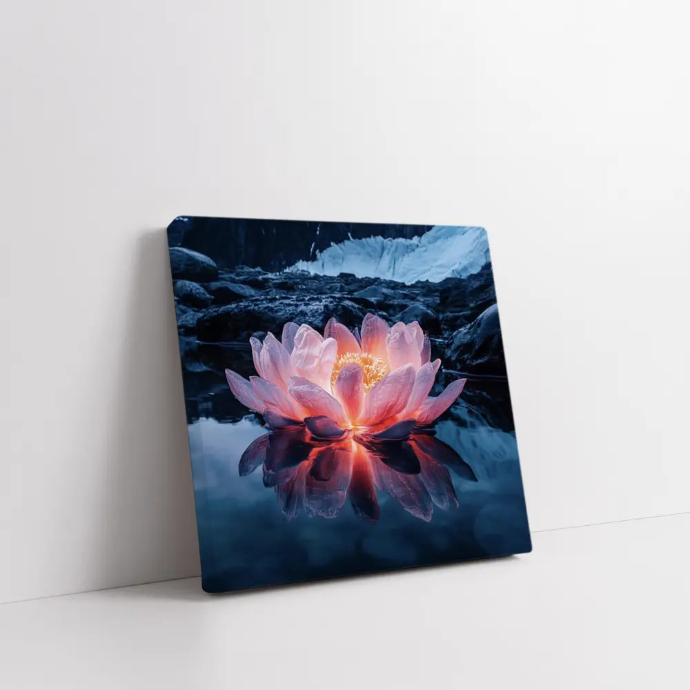 Glowing Lotus Flower on Dark Mountain Lake – Wall Art