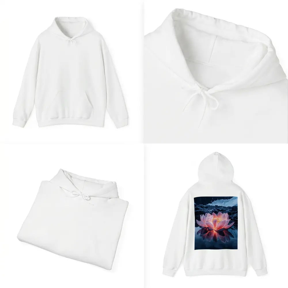 Glowing Lotus Flower on Dark Mountain Lake – Hoodies