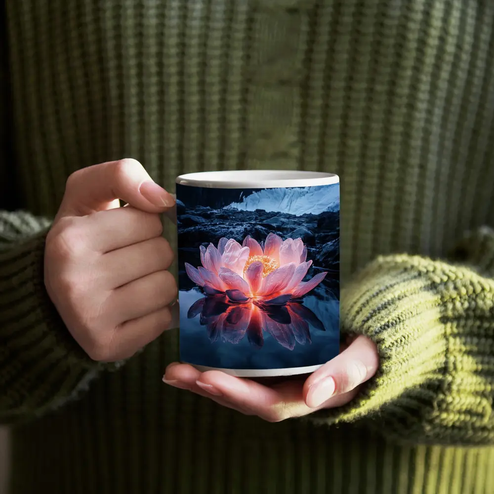 Glowing Lotus Flower on Dark Mountain Lake – Mugs