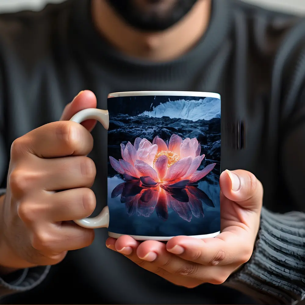 Glowing Lotus Flower on Dark Mountain Lake – Mugs