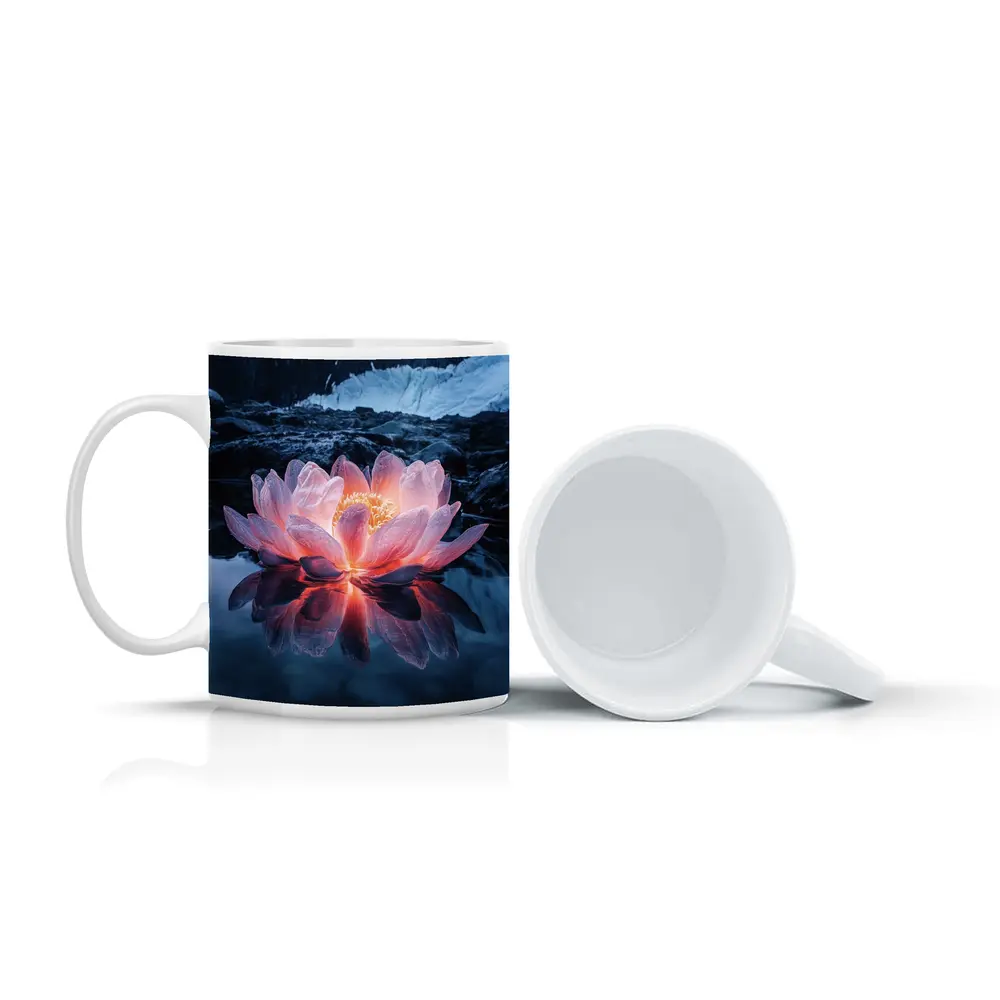 Glowing Lotus Flower on Dark Mountain Lake – Mugs