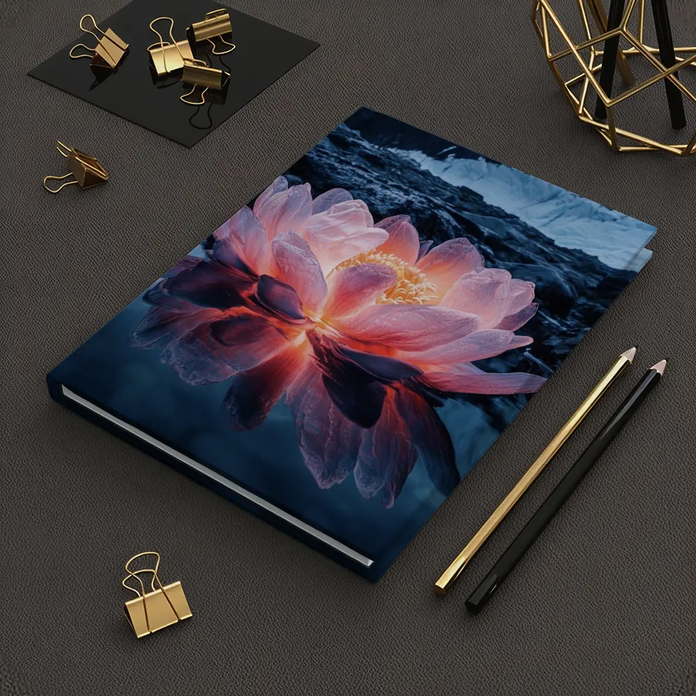 Glowing Lotus Flower on Dark Mountain Lake – Notebooks