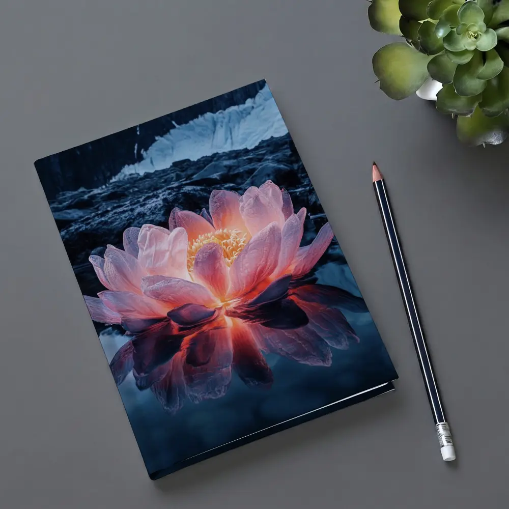 Glowing Lotus Flower on Dark Mountain Lake – Notebooks