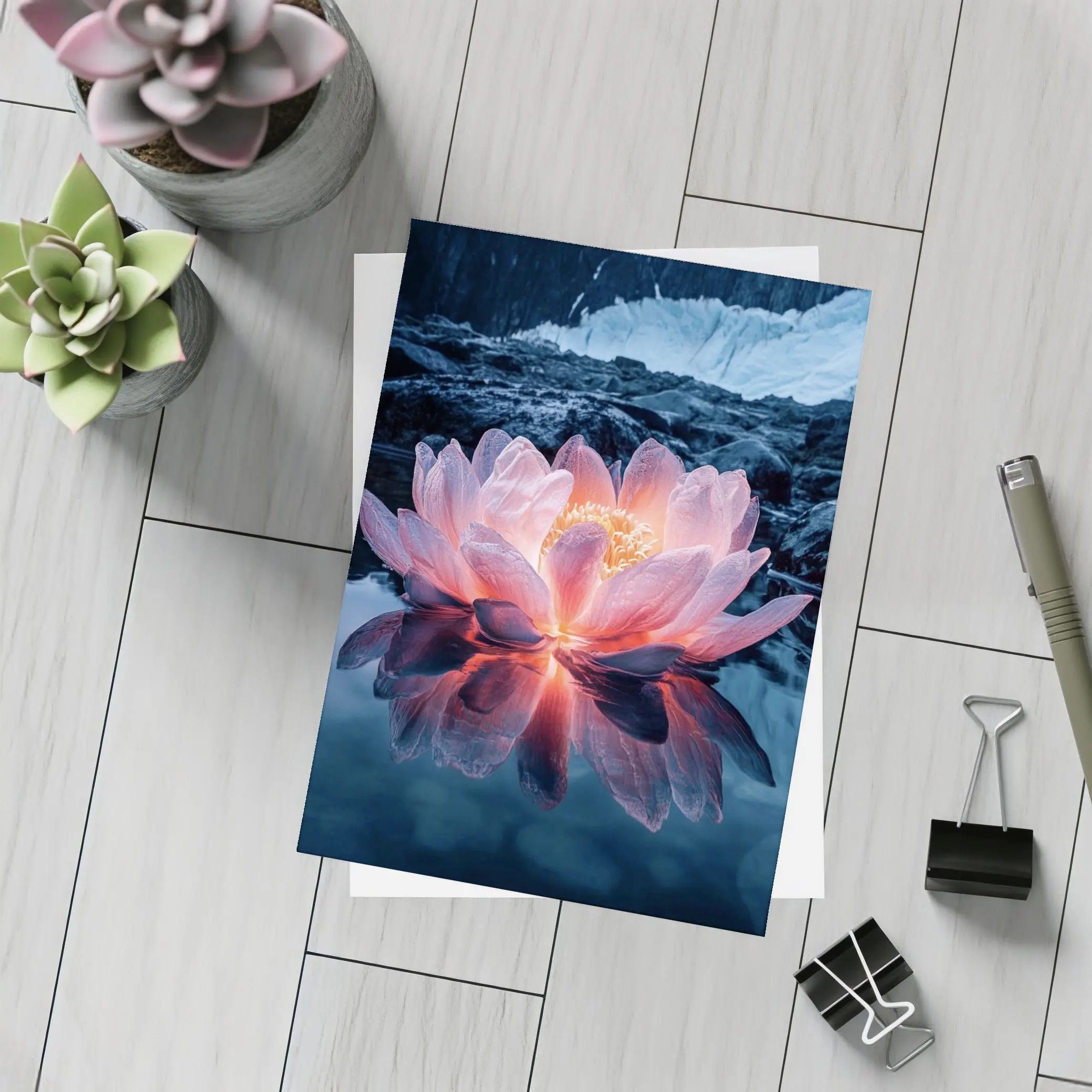 Glowing Lotus Flower on Dark Mountain Lake – Postcards