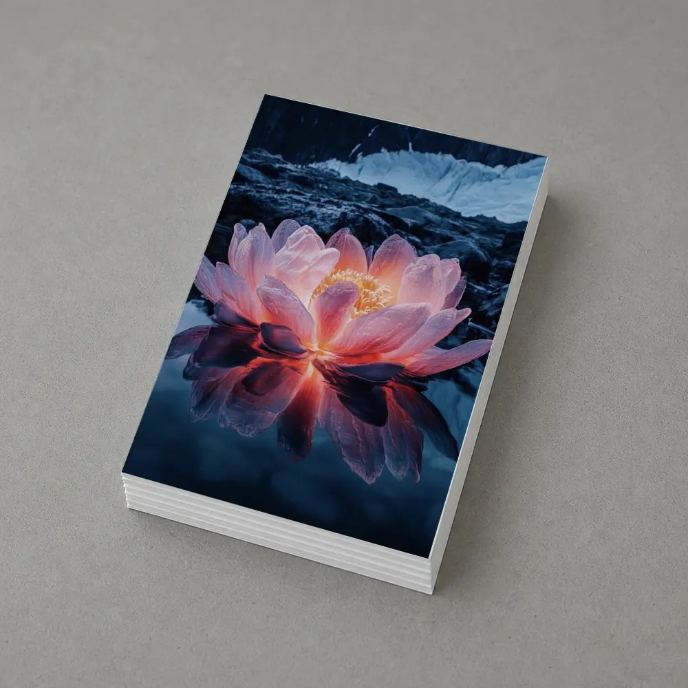 Glowing Lotus Flower on Dark Mountain Lake – Postcards