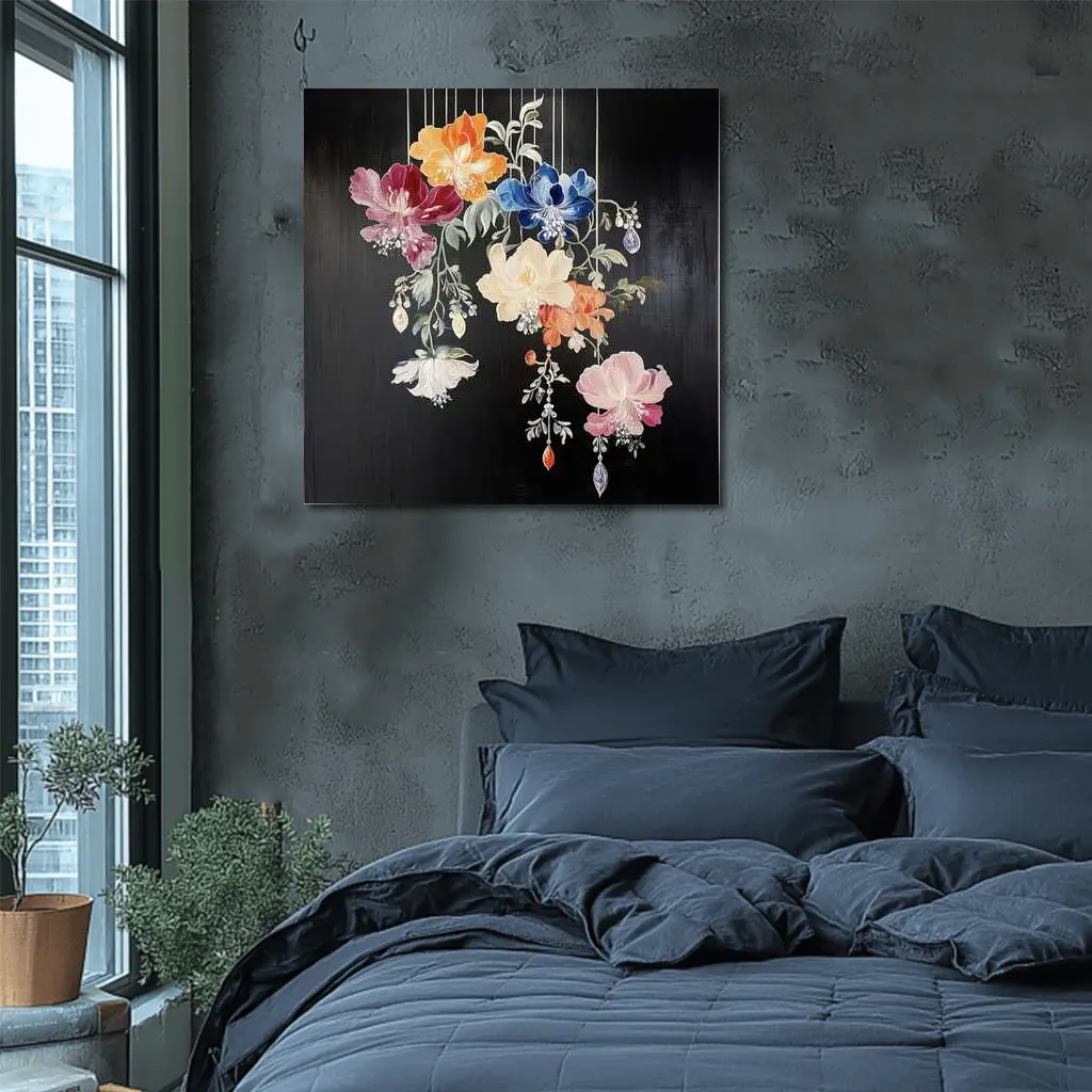 Colorful Flowers Hanging on Black Background – Wall Art