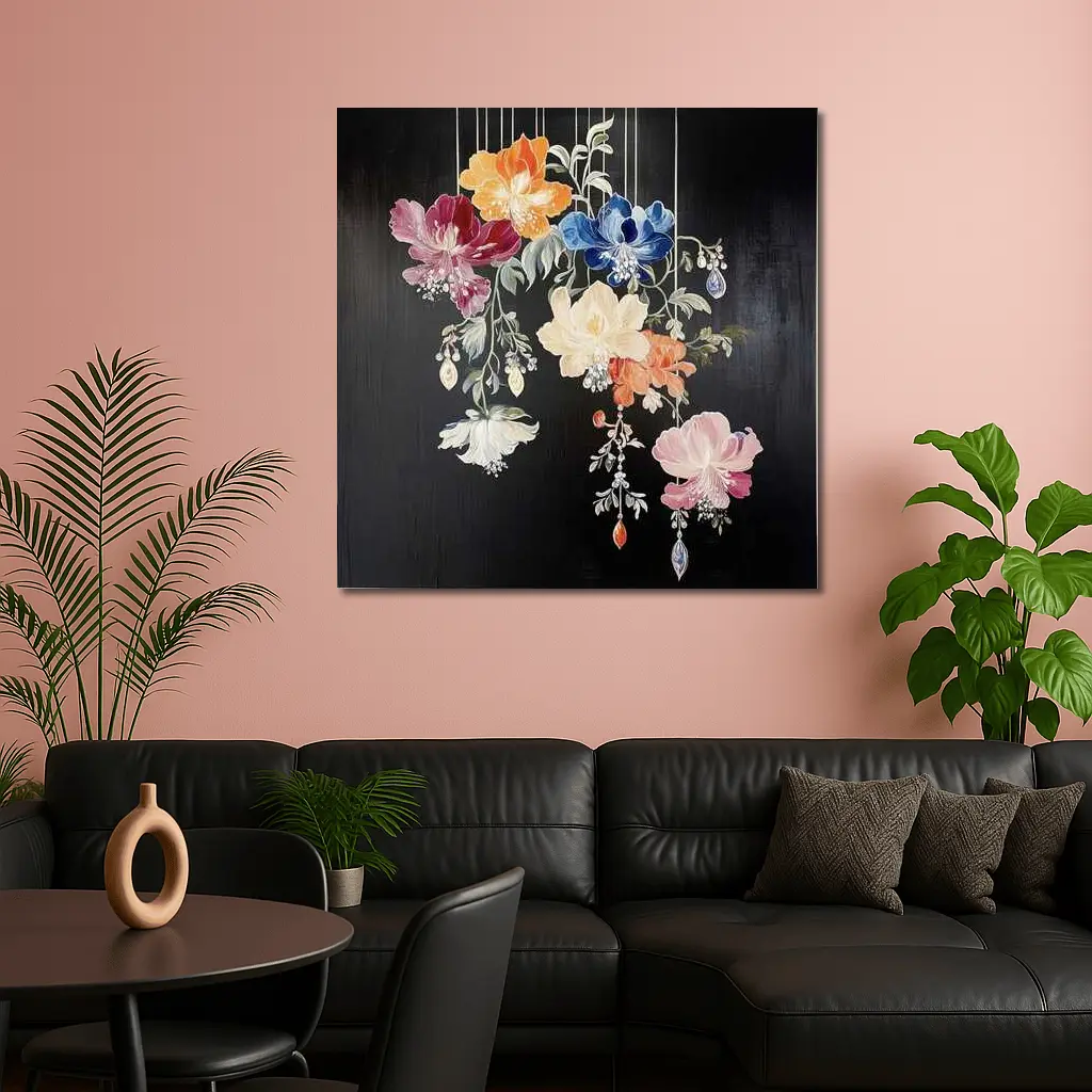 Colorful Flowers Hanging on Black Background – Wall Art