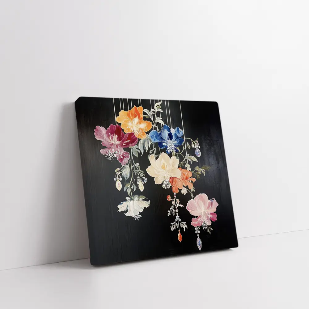 Colorful Flowers Hanging on Black Background – Wall Art