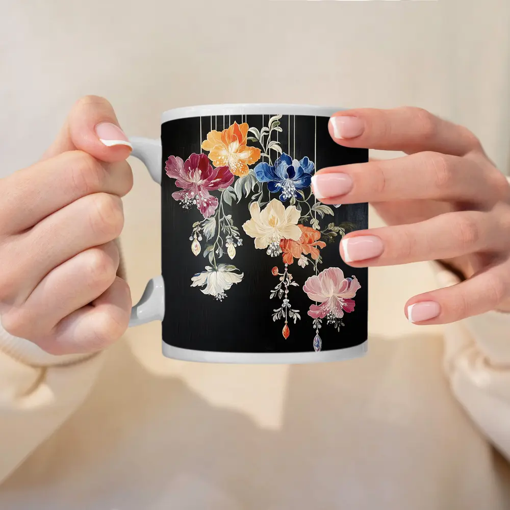 Colorful Flowers Hanging on Black Background – Mugs