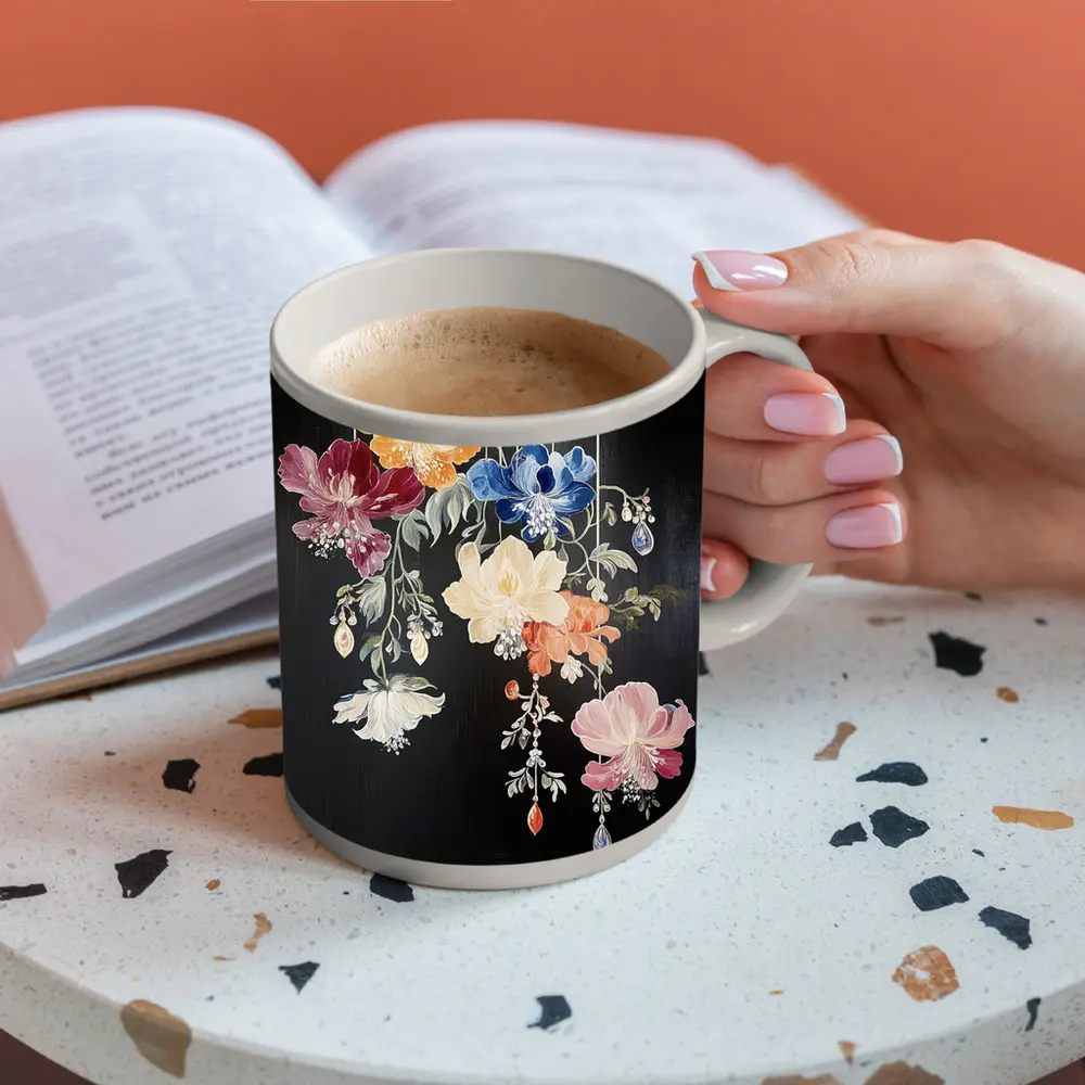 Colorful Flowers Hanging on Black Background – Mugs