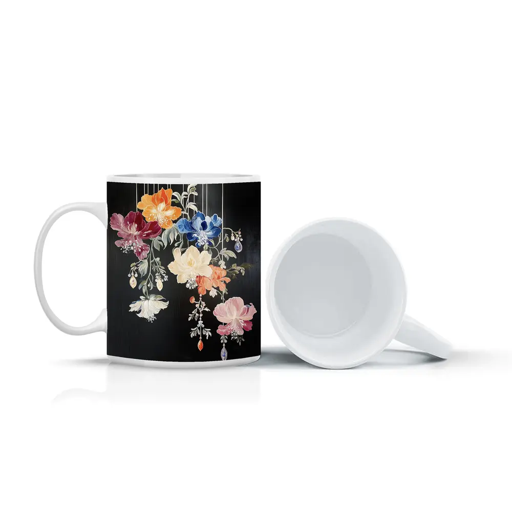Colorful Flowers Hanging on Black Background – Mugs