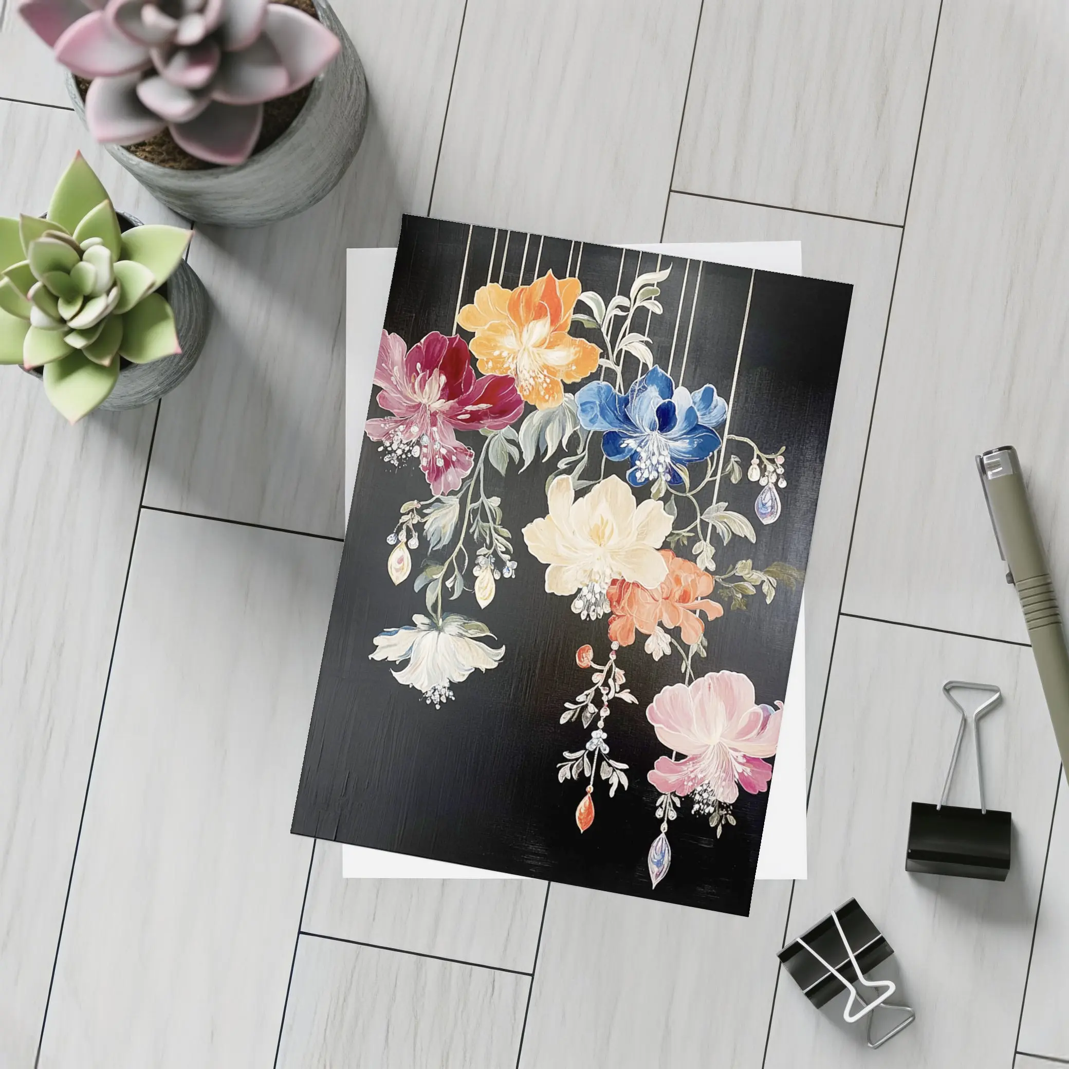 Colorful Flowers Hanging on Black Background – Postcards