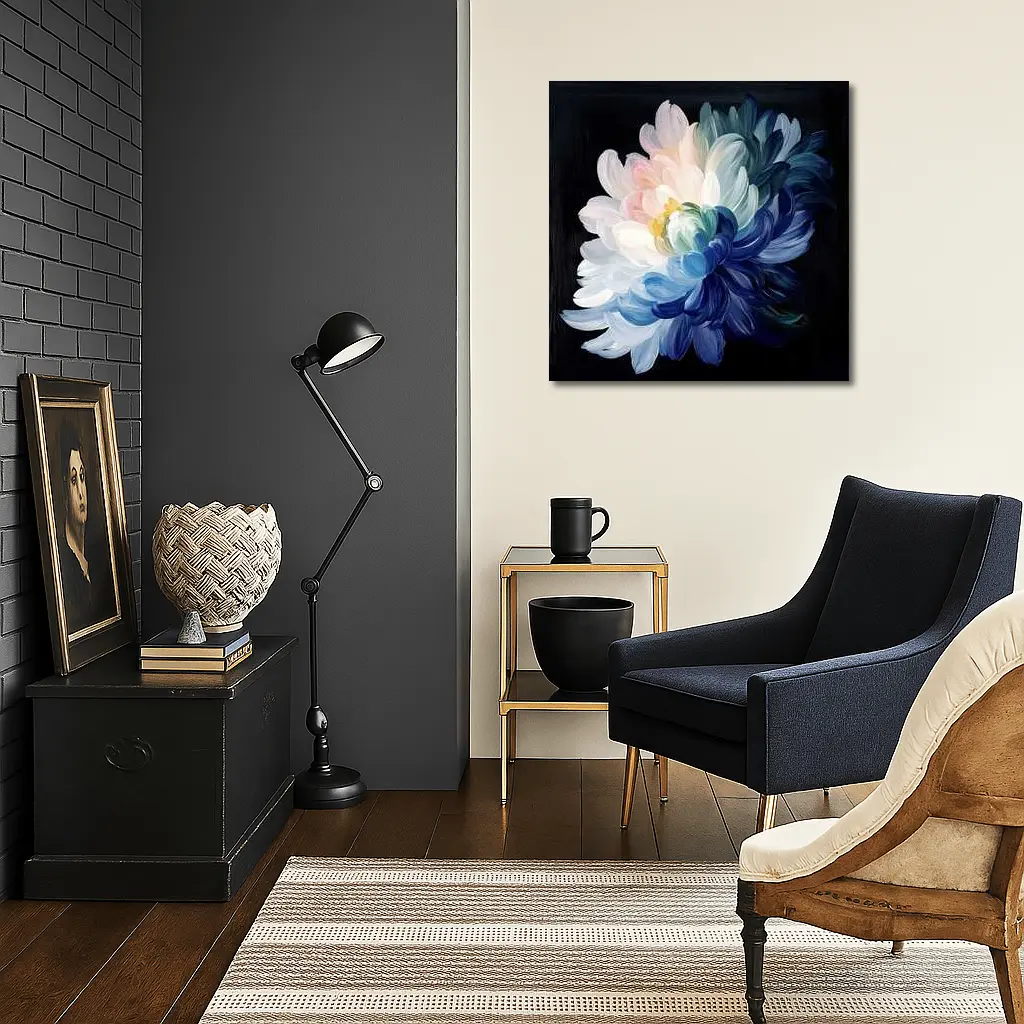 Chrysanthemum Oil Painting Dark Black Background – Wall Art