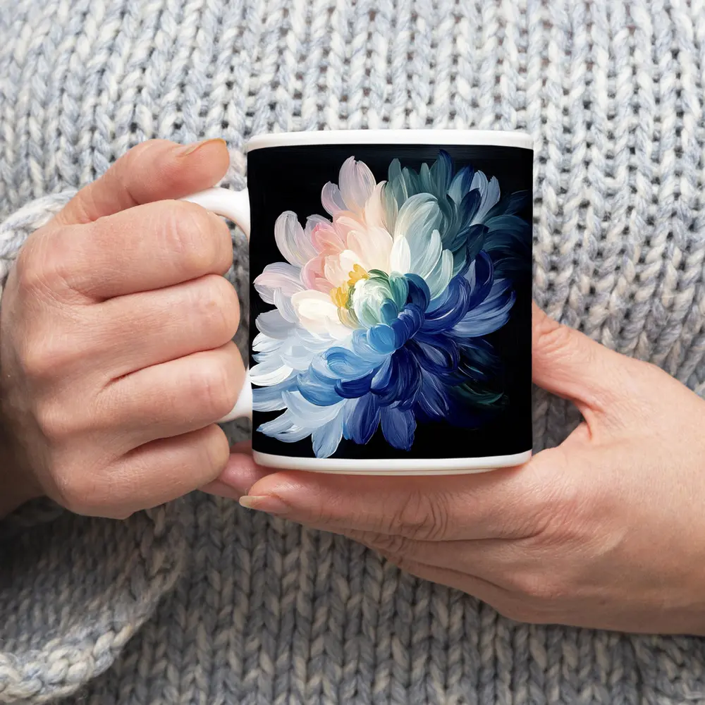 Chrysanthemum Oil Painting Dark Black Background – Mugs