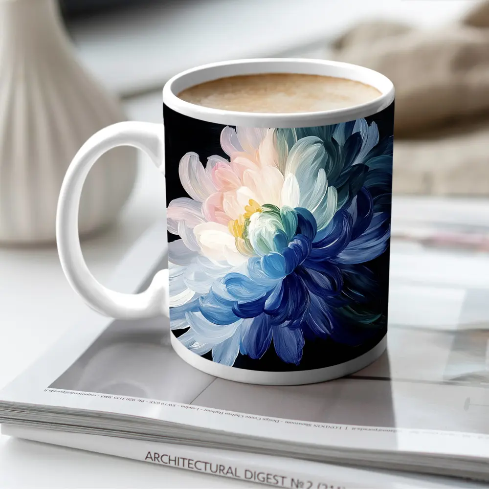 Chrysanthemum Oil Painting Dark Black Background – Mugs